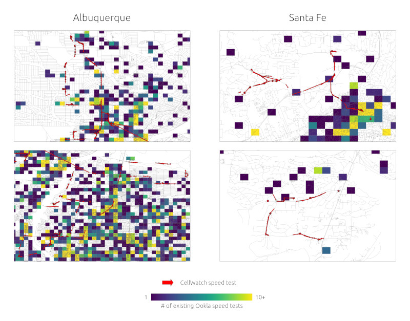 A comparison of the measurements we took (red arrows) and existing Ookla speed test data (colored squares). We successfully measured previously unmeasured areas in both Albuquerque and Santa Fe. (Our measurements are shown as arrows because they were taken from a moving car, so the start point and the end point were not always the same.)