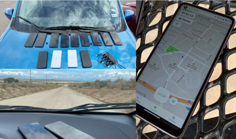 Documentation of our New Mexico measurement campaign: our nine research phones, four battery packs, and charging cables displayed on the rental car (top left); an active measurement recording outside of Albuquerque&rsquo;s Indian Pueblo Cultural Center using our alpha-version Android app (right); a view of an unpaved road northwest of Albuquerque (bottom left).