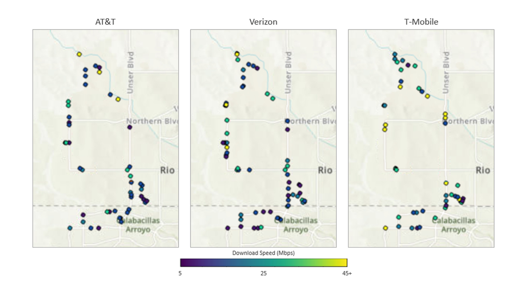 Maps showing individual download speed measurements in northwestern Albuquerque, broken out by provider. Most speeds are below 25 Mbps, with many below 5 Mbps.