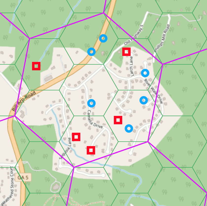 All of a parent hexagon's child hexagons contain roads. One child hexagon contains two positive tests, one contains a positive and a negative test, one contains two positive and one negative tests, one contains two negative tests, one contains one positive test, one contains one negative test, and one contains no tests.